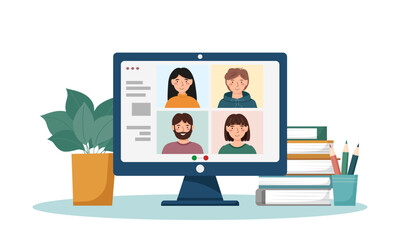 Working place. Online meeting - group call in laptop. Freelance, home office. Online working.	