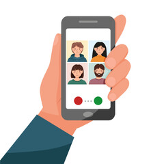 Video call between people via the internet phone - online communication. Hand holding the phone with portraits of people.	
