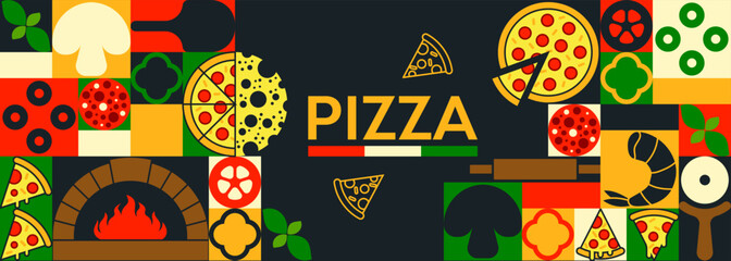 Italian Pepperoni pizza banner ads, flyer with symbols of ingredients and elements on geometric background. Creative simple Bauhaus style with geometric shapes. Vector illustration wallpaper, poster.