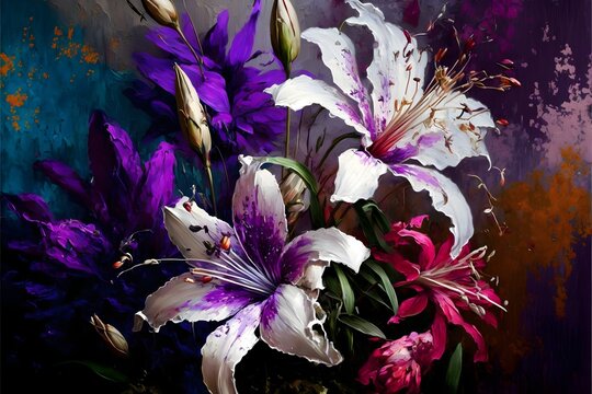 Abstract Painting Of Many Asiatic Lilies And White Orchids Bicolor Purple Royalty Violet Mauve Magenta Mulberry Veining Created Using Oil Paint On Canvas With Thick Brushstrokes And Expressive 