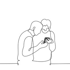 young men stand holding and looking at the phone together - one line drawing vector. the concept friends are addicted to watching what is happening on the phone