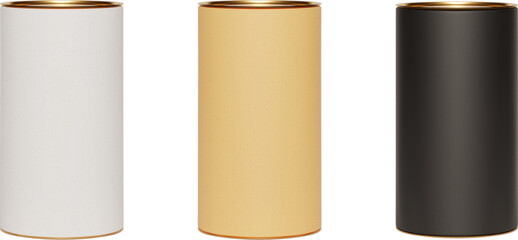 Set of kraft paper tube packages with golden lid mockup on white. Blank craft carton circular realistic box with texture. Cylindrical container with cap for product branding. Vector illustration