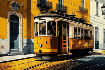 Fototapeta premium Old tramway in Lisbon driving through curve. Generative Ai.