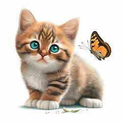 funny ginger kitten with a butterfly on a white background