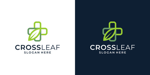 Medical cross logo design template with leaf design vector illustration. icon, symbol, creative.