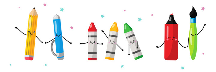 Set of cute school supplies in cartoon style. Vector illustration of stationery characters: smiling pencil and pen, colored wax pencils, marker and brush isolated on white background.