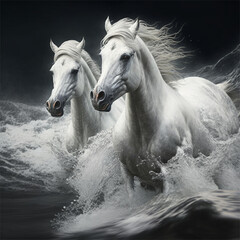 Two White Stallions Running Through the Waves.