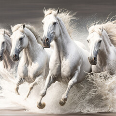 White Stallions galloping Through the Surf