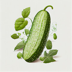 Illustration on a cucumber with leaves. generative ai