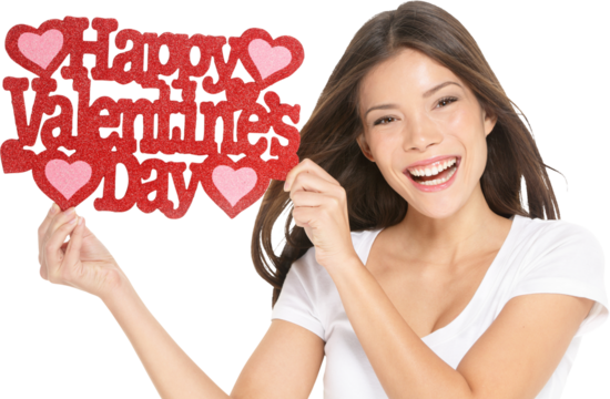 Valentines day. Woman showing holding sign excited with the text VALENTINES DAY. Lovely happy multiracial Caucasian / Asian Chinese young woman isolated and cut out on white background in studio. - Powered by Adobe