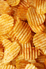 Barbeque Potato Chips, top view. Flat lay, overhead, from above.