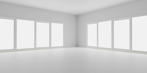 Fototapeta na wymiar empty white room with big windows and bright day light 3d render illustration