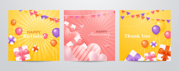 Colorful happy birthday anniversary thank you greeting card square background. Vector illustration. Romantic background with cute love balloon flag sale banner template, greeting card. Place for text.