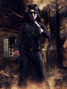 Zombie female police officer standing with a gun in front of a ruined building. 3D render in DAZ Studio - the woman is a 3D object, not a real person.