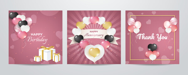 Colorful happy birthday anniversary thank you greeting card square background. Vector illustration. Romantic background with cute love balloon flag sale banner template, greeting card. Place for text.