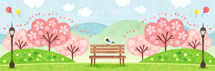 桜の咲く公園のベンチにとまる小鳥 春の水彩風景イラスト