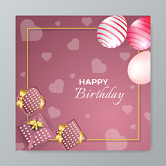 Colorful happy birthday anniversary thank you greeting card square background. Vector illustration. Romantic background with cute love balloon flag sale banner template, greeting card. Place for text.