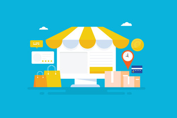 Digital business ecommerce web store on computer screen with package box and shopping bags, customer review and credit card payment order delivery concept.