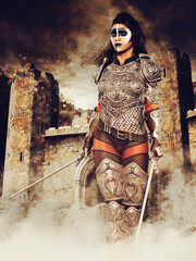 Fantasy female warrior with battle paint on her face, standing with swords in front of a ruined castle. 3D render in DAZ Studio - the woman is a 3D object, not a real person.