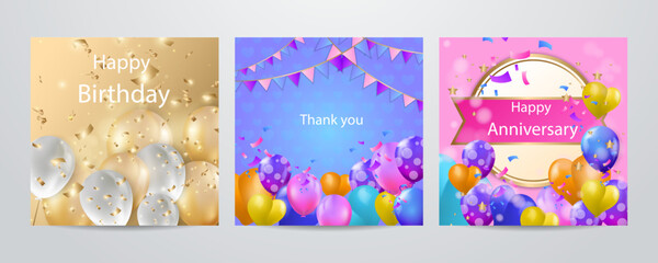 Colorful happy birthday anniversary thank you greeting card square background. Vector illustration. Romantic background with cute love balloon flag sale banner template, greeting card. Place for text.