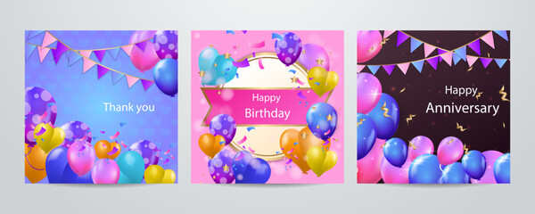 Colorful happy birthday anniversary thank you greeting card square background. Vector illustration. Romantic background with cute love balloon flag sale banner template, greeting card. Place for text.