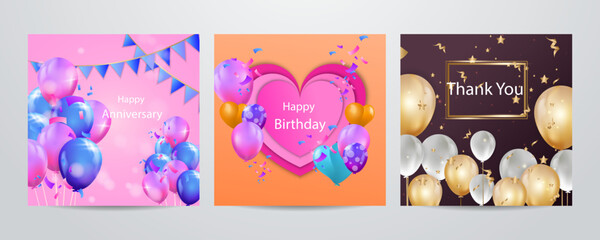 Fototapeta premium Colorful happy birthday anniversary thank you greeting card square background. Vector illustration. Romantic background with cute love balloon flag sale banner template, greeting card. Place for text.