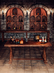 Fantasy room with a wooden table with alchemical potions, books, and a candle. 3D render in DAZ Studio. 