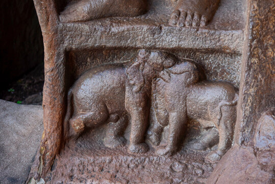 Bull Elephant Illusion sculpture at Badami caves in Karnataka, India