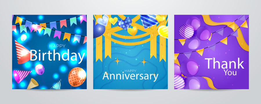 Colorful happy birthday anniversary thank you greeting card square background. Vector illustration. Romantic background with cute love balloon flag sale banner template, greeting card. Place for text.