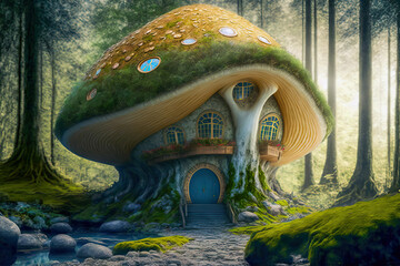 Fairytale house in a giant fantasy mushroom. House of mystical creatures in a fairy forest. Post-processed digital AI art