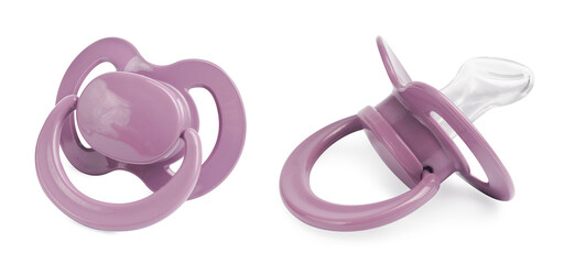 Pale purple baby pacifier on white background, views from different sides
