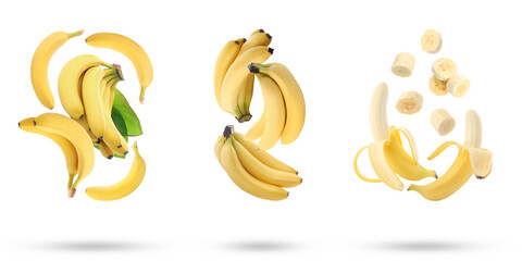 Collage with falling banana fruits and leaves on white background © New Africa