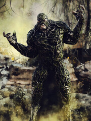 Fantasy scene with a swamp monster made of mud and moss standing in a threatening pose. 3D render in DAZ Studio.  - 567618365