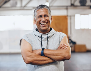 Gym, fitness and portrait of old man with smile and crossed arms for motivation, wellness and cardio workout. Muscles, healthy body and face of senior male after training, exercise and sports goals - obrazy, fototapety, plakaty