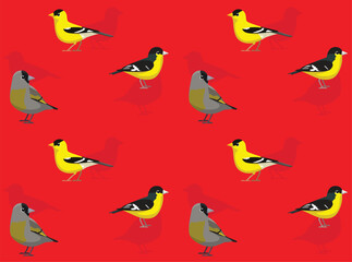 Bird American Goldfinch Cute Cartoon Poses Seamless Wallpaper Background