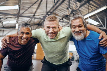 Portrait, hug or mature men in workout gym, training exercise or healthcare wellness in success...