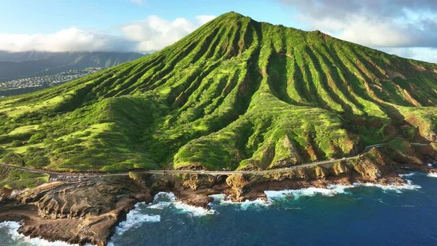 Aerial view Koko head crater. Drone Hawaii coastal road. Oahu tourism landmark for day hike near Hawaii Kai and Waikiki Honolulu. 