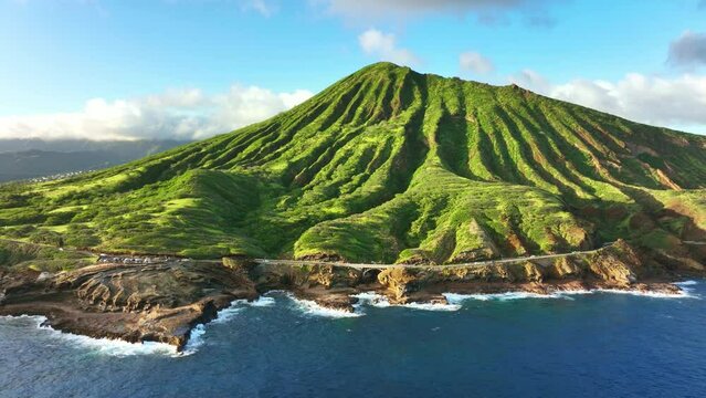 Drone Hawaii. Coastal drive, Koko Head volcano, Oahu. Tourism landmark day hike near Hawaii Kai and Waikiki Honolulu. 