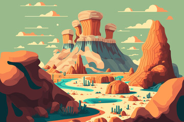 bisti badlands new mexico Desert landscape with mountains and river. Vector illustration - obrazy, fototapety, plakaty