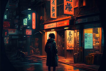 Cyberpunk futuristic Tokyo city at might with Japanese neon signs