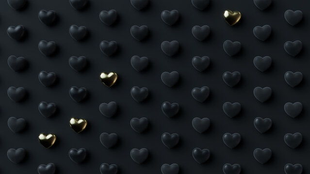 Multicolored Heart background. Valentine Wallpaper with Black and Gold love hearts. 3D Render 