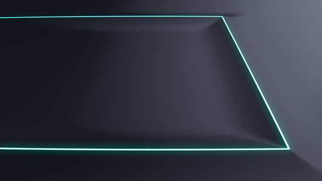 Black Surface with Embossed Shape and Turquoise Illuminated Edge. Tech Background with Neon Rectangle. 3D Render.