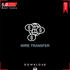WIRE TRANSFER icon vector on black background. Simple, isolated, flat icons, icons, apps, logos, website design or mobile apps for business marketing management,
UI UX design Editable stroke. EPS10