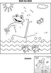 Dot-to-dot picture puzzle and coloring page with boat and frog the sailor. Answer included.
