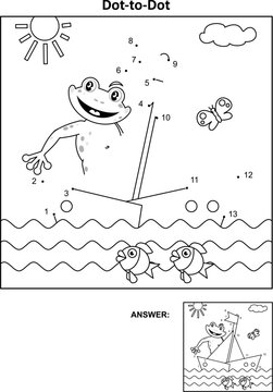 Dot-to-dot picture puzzle and coloring page with boat and frog the sailor. Answer included.
