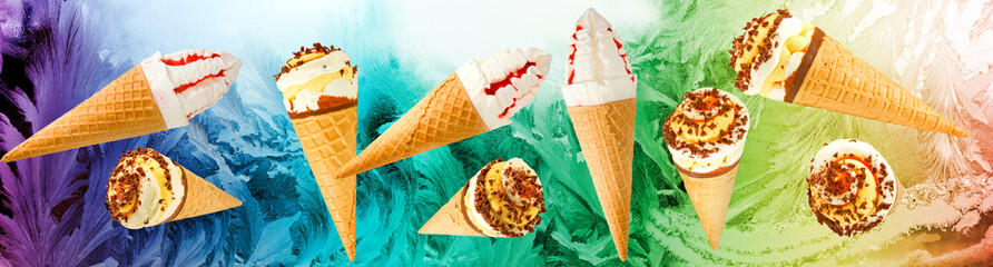 various ice creams randomly arranged against the background of frosty patterns