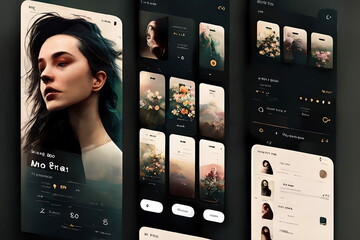 Modern dark user interface design template. Conceptual mobile phone screen mock-up for application interface. Black, gray, teal, white
