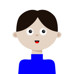 Portrait of man. Young little kid boy face. Black hair. Brunette hairstyle. Social networks avatar. Business activities. Cute cartoon character. Flat design. White background.