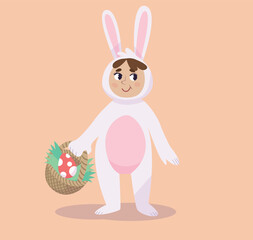 White Easter bunny. A child in a rabbit costume hunts eggs for Easter
