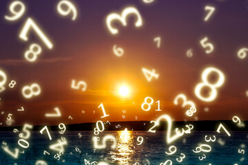 numerology, sky at sunset surrounded by numbers